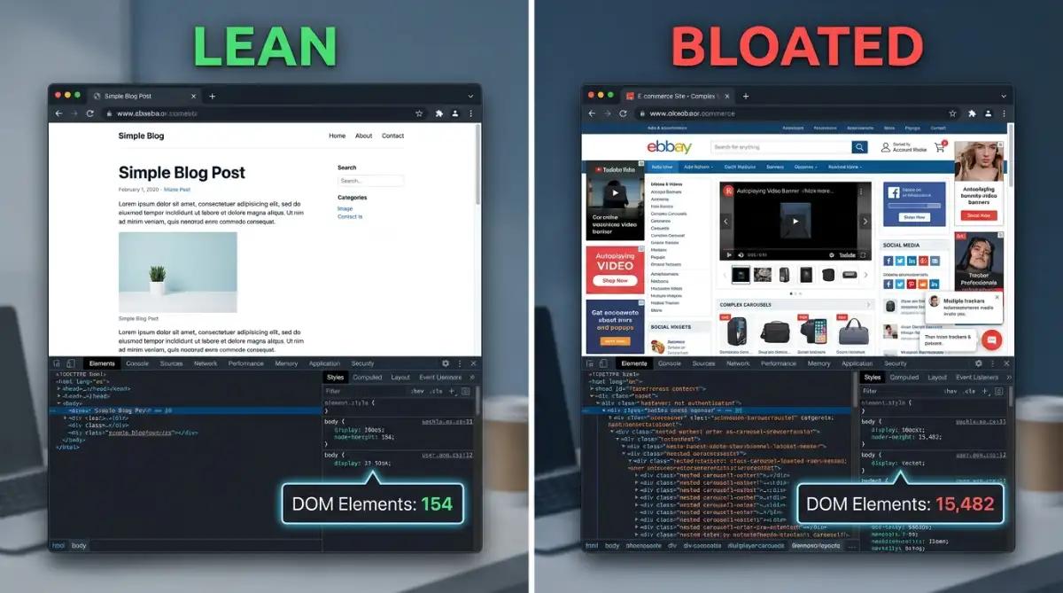 comparison of lean versus bloated website DOM rendering in browser dev tools