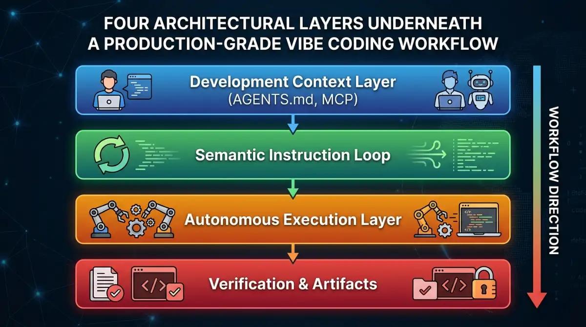 The four architectural layers underneath a production-grade vibe coding workflow