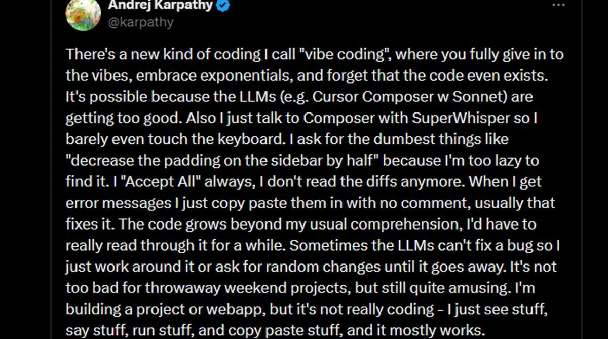 Andrej Karpathy's February 2025 X post coining the term vibe coding