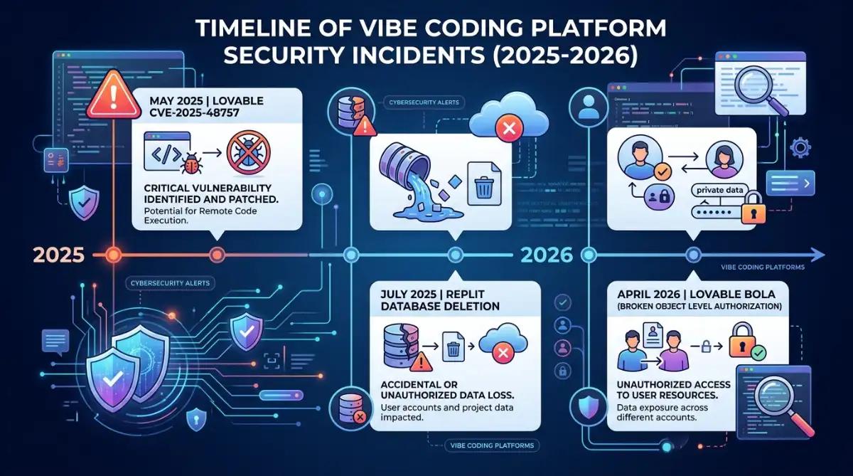 Timeline of three major vibe coding platform security incidents in 2025 and 2026