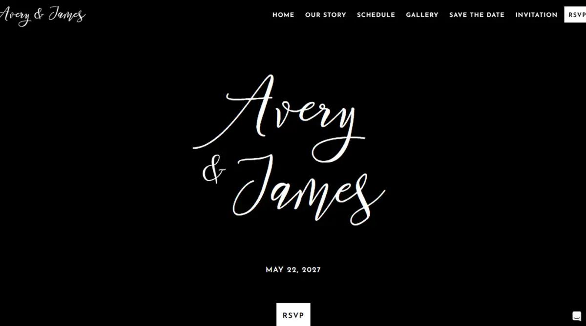 Wedsites moody black background wedding website template