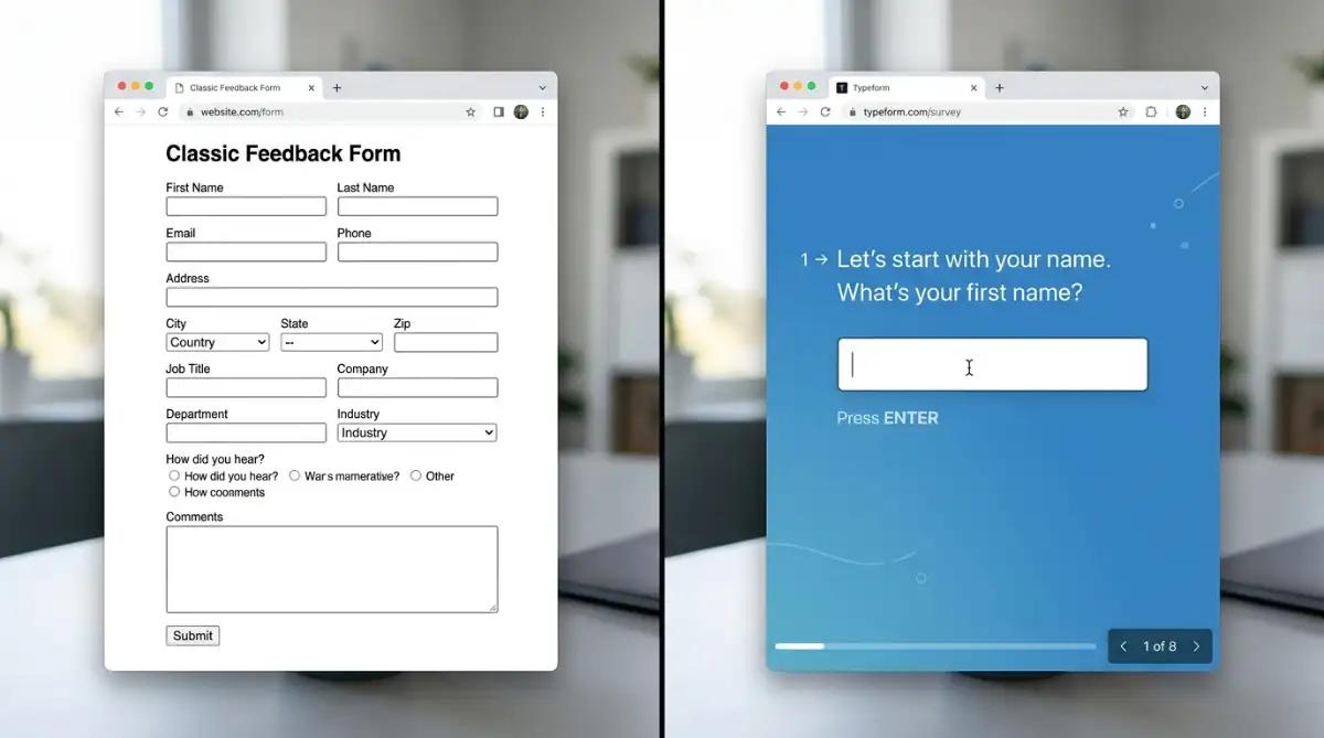 raditional multi-field HTML form versus Typeform one-question.