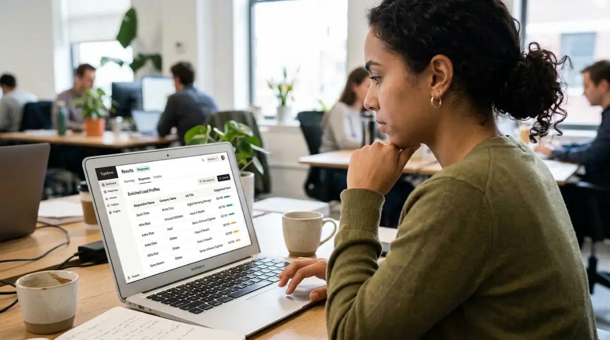 Typeform AI enrichment dashboard showing automatically populated lead profiles.