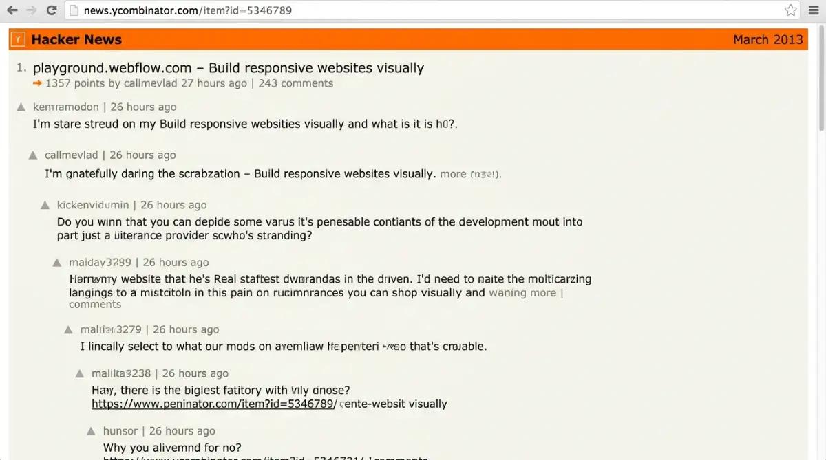 Original 2013 Hacker News thread for the Webflow playground reaching number one.