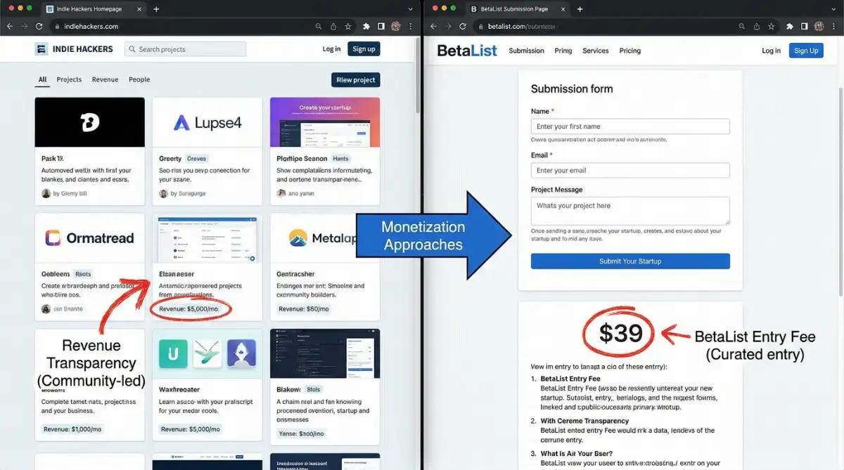 Indie Hackers and BetaList platform screenshots showing community features and submission pricing