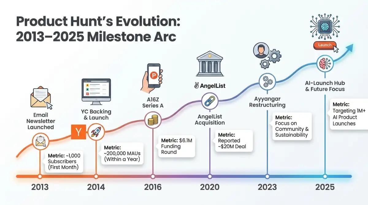 Product Hunt timeline from 2013 launch to 2025 with five key milestones