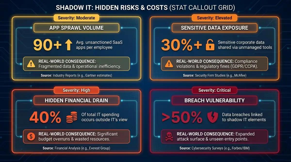 Grid of four shadow IT statistics covering enterprise security and cost impact