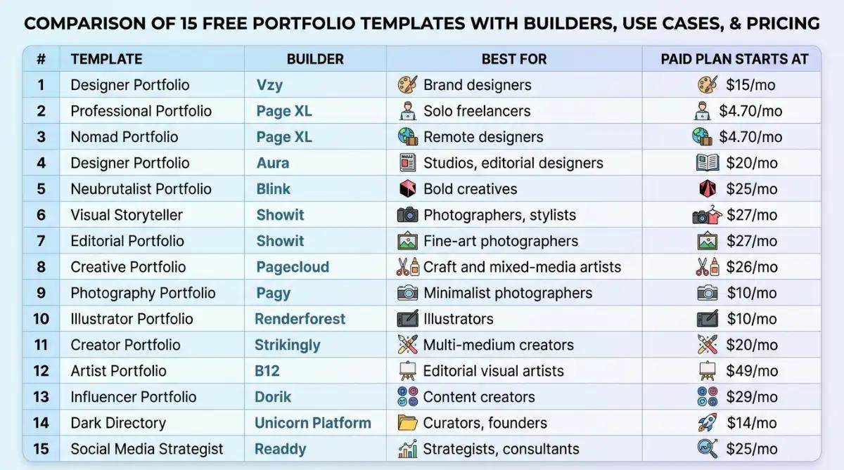 Comparison table of 15 free portfolio templates with builders, use cases, and pricing