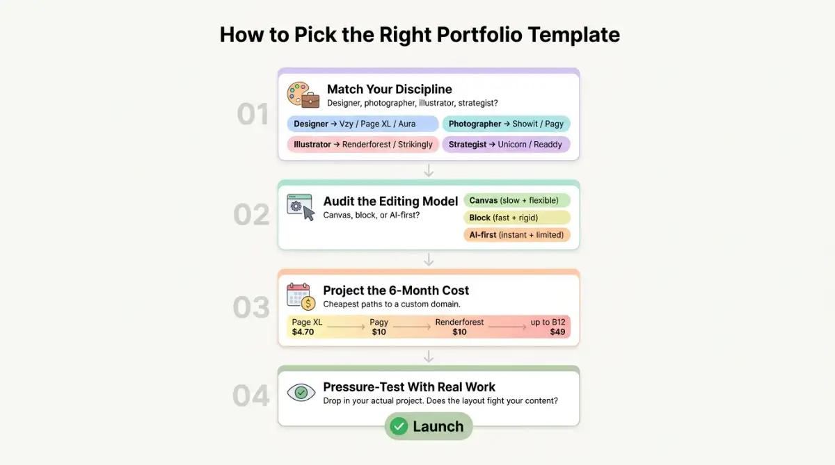 Four-step decision framework flowchart for choosing a free portfolio website template