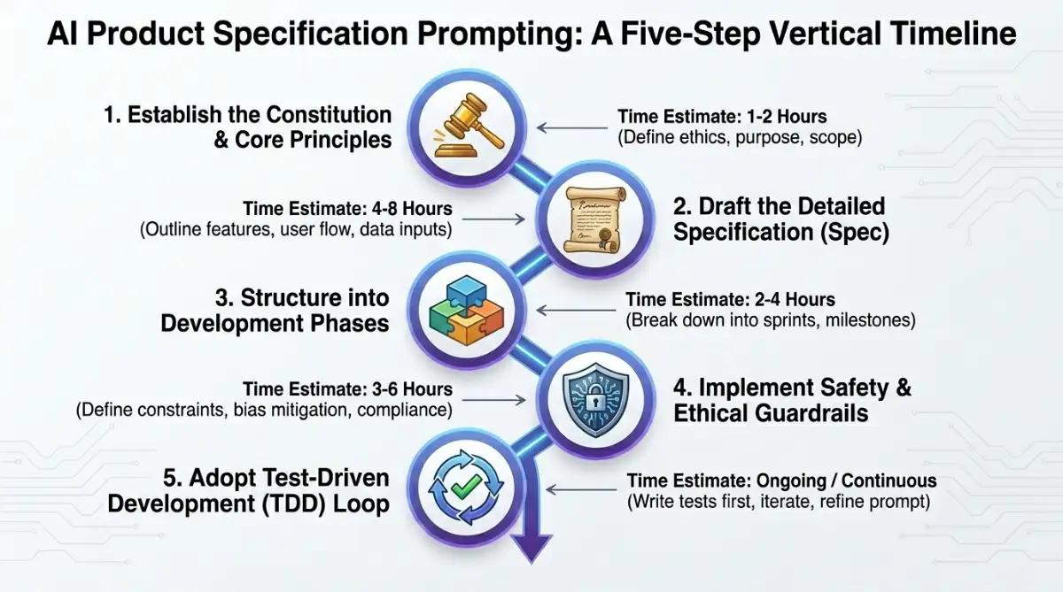 Five-step infographic for writing a product specification AI prompt