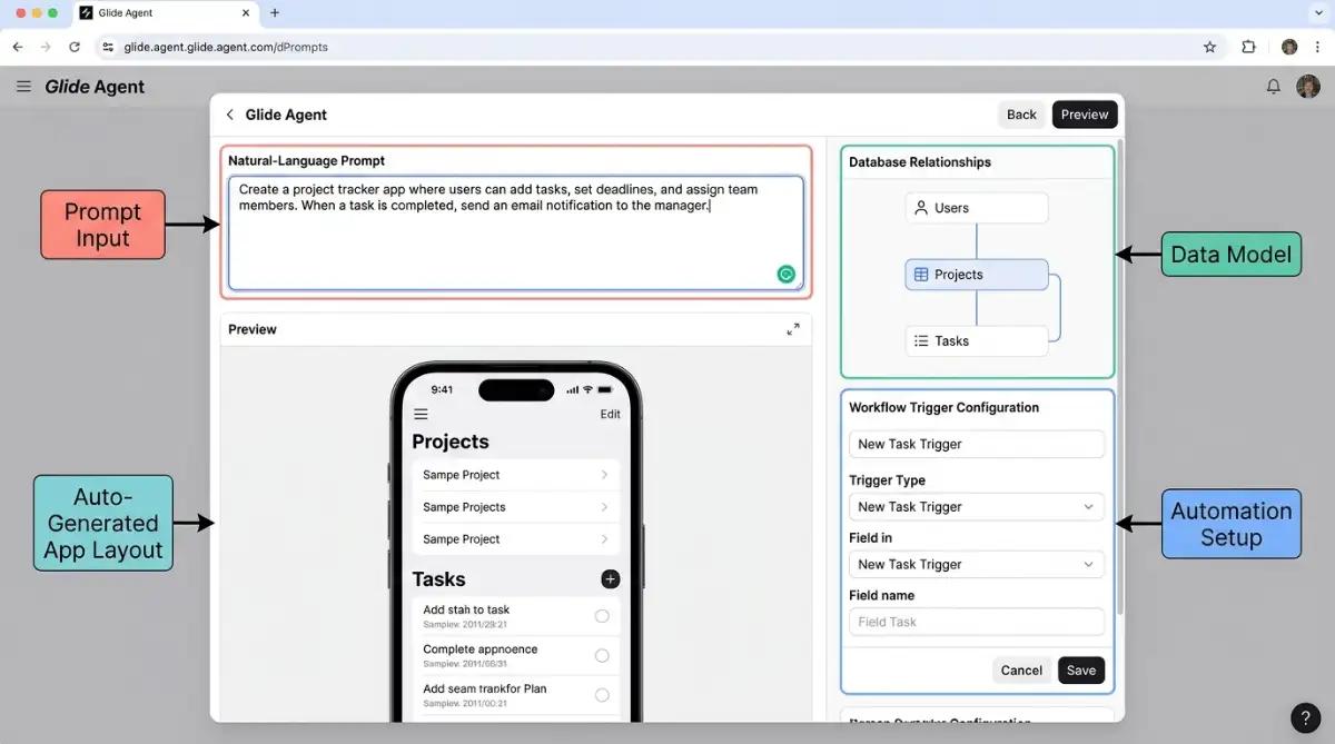 Glide app builder Glide Agent AI interface generating an app layout from a natural language