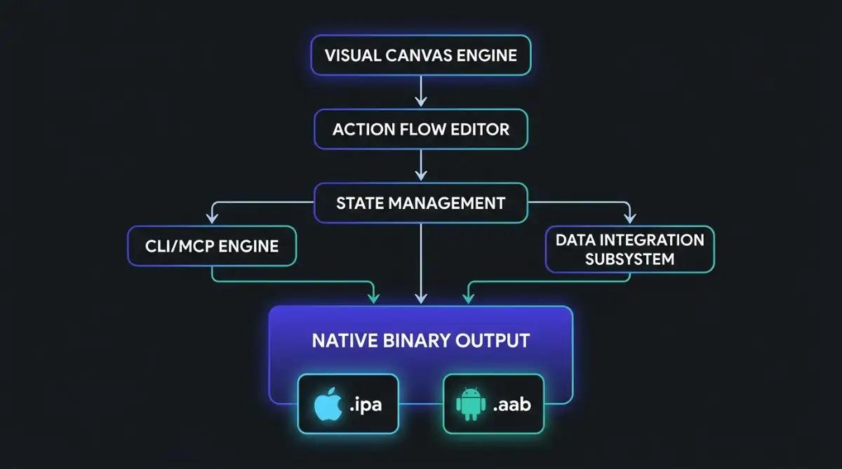 FlutterFlow five-layer visual compilation architecture producing native iOS .ipa and Android .aab