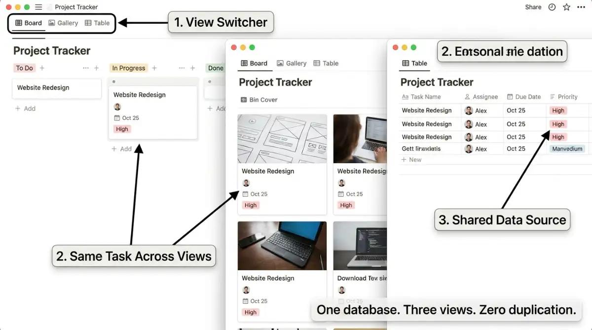 Notion workspace with kanban gallery and table database views shown side by side