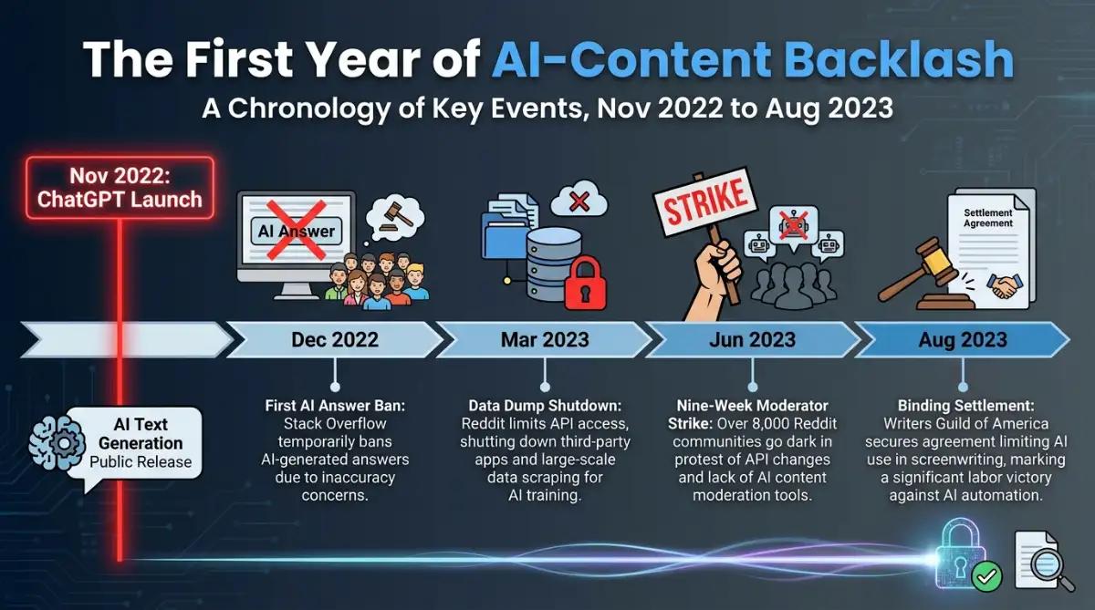 Timeline of the web's first organized backlash against ChatGPT-generated content