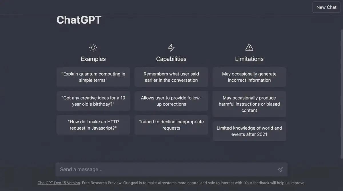 The original ChatGPT research preview interface from its November 2022 launch