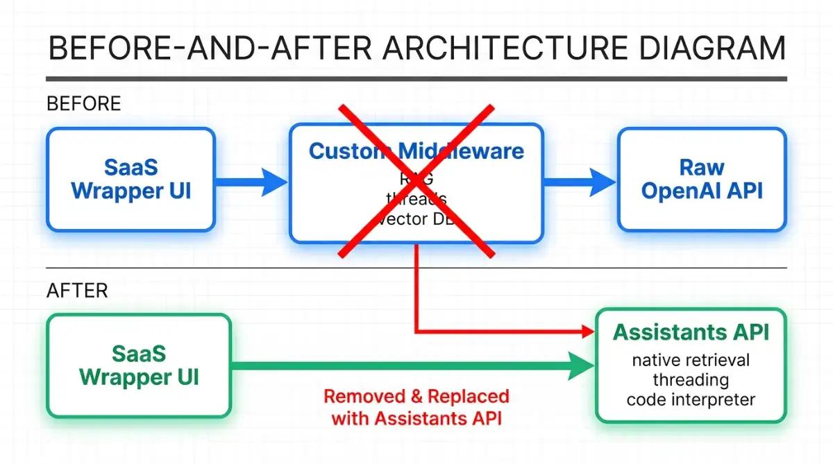 Diagram showing OpenAI Assistants API absorbing wrapper middleware at DevDay 2023