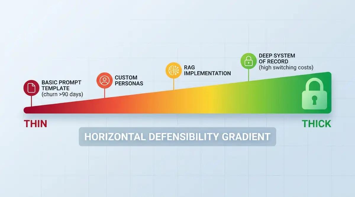 Defensibility spectrum from thin prompt-template wrappers to deep systems of record