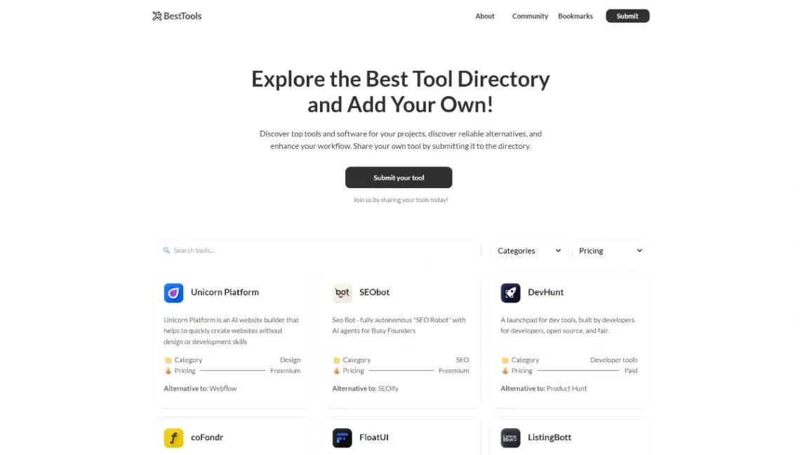Unicorn Platform tool directory template homepage with categorized listings