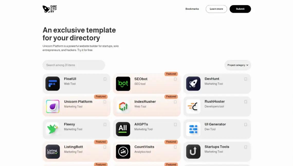 Unicorn Platform compact resource directory template homepage with high-density link layout