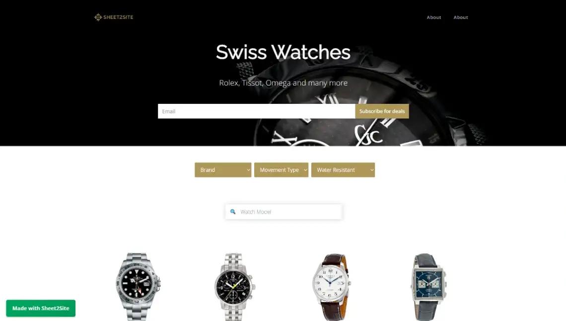 Sheet2Site watch directory template homepage with luxury Swiss watch listings and specs