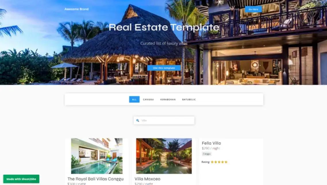 Sheet2Site rental directory template homepage with luxury villa grid and star ratings