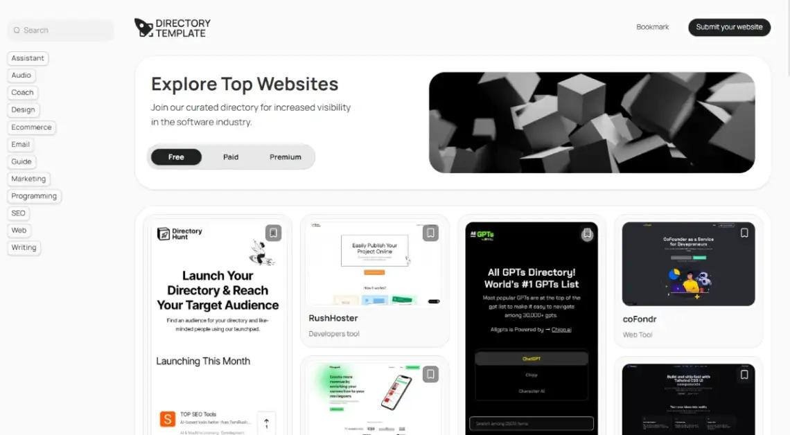 Unicorn Platform multi-filter directory template homepage with advanced filtering