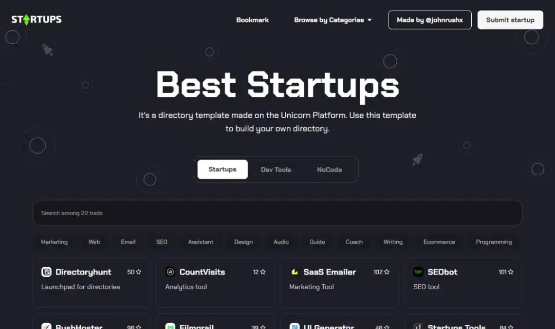 Unicorn Platform startups directory template homepage