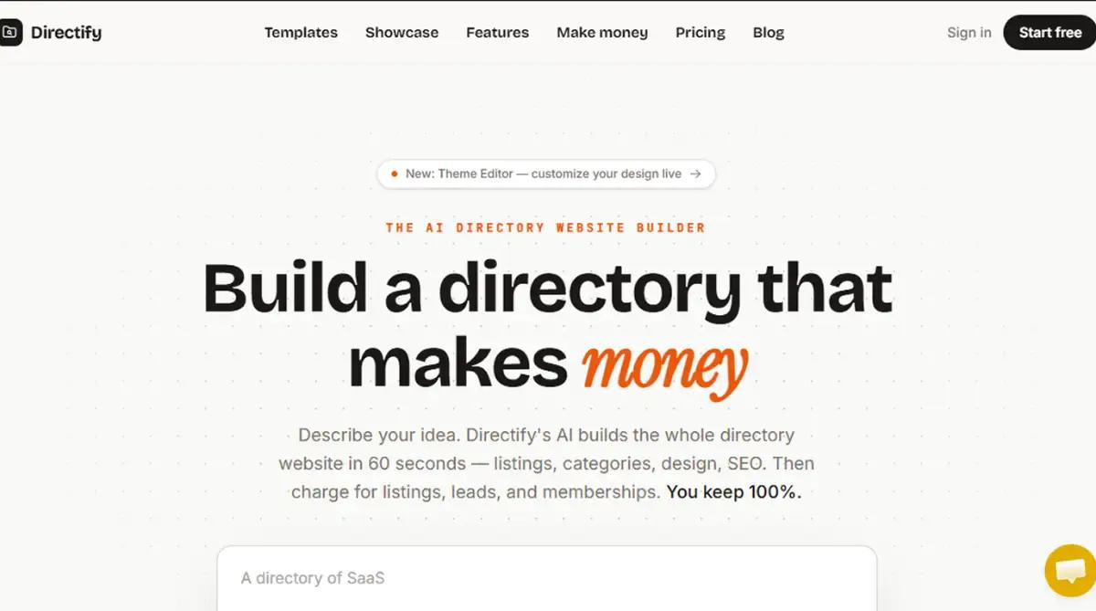 Directify homepage promoting an AI directory website builder