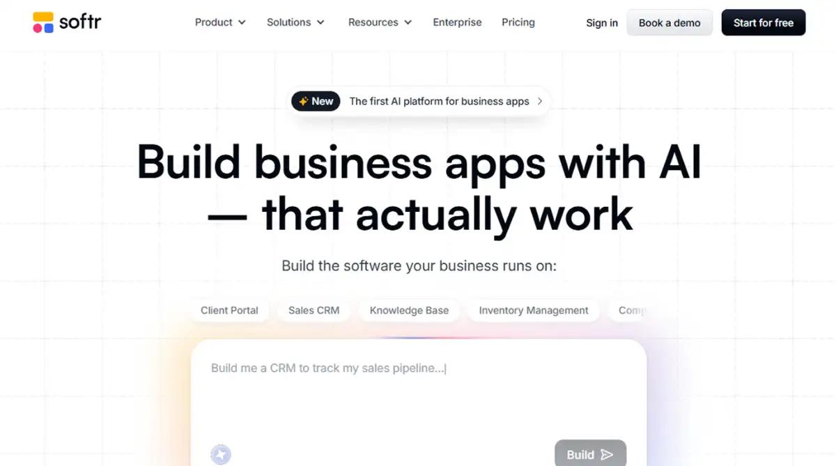 Softr homepage showing a no-code app builder connected to Airtable, Google Sheets, and Notion