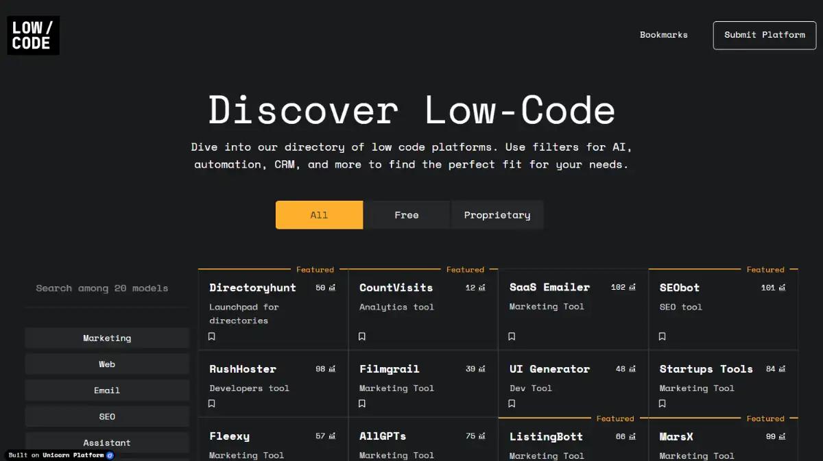 Unicorn Platform low-code tools directory template homepage with dark minimalist layout