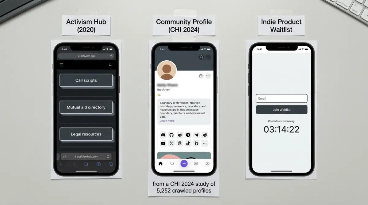 Three one-page layouts for activism, community profiles, and product launches