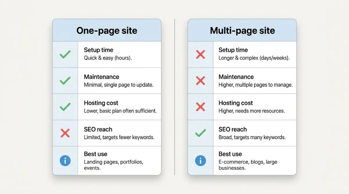 Side-by-side comparison of one-page versus multi-page website tradeoffs
