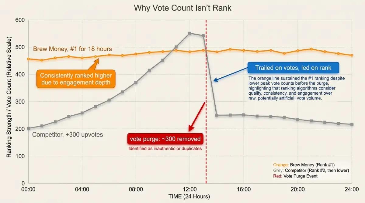 Chart showing Brew Money leading rank for 18 hours while a rival's upvotes are purged
