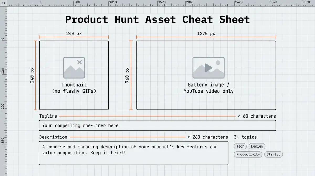 Diagram of Product Hunt image sizes and character limits drawn to scale