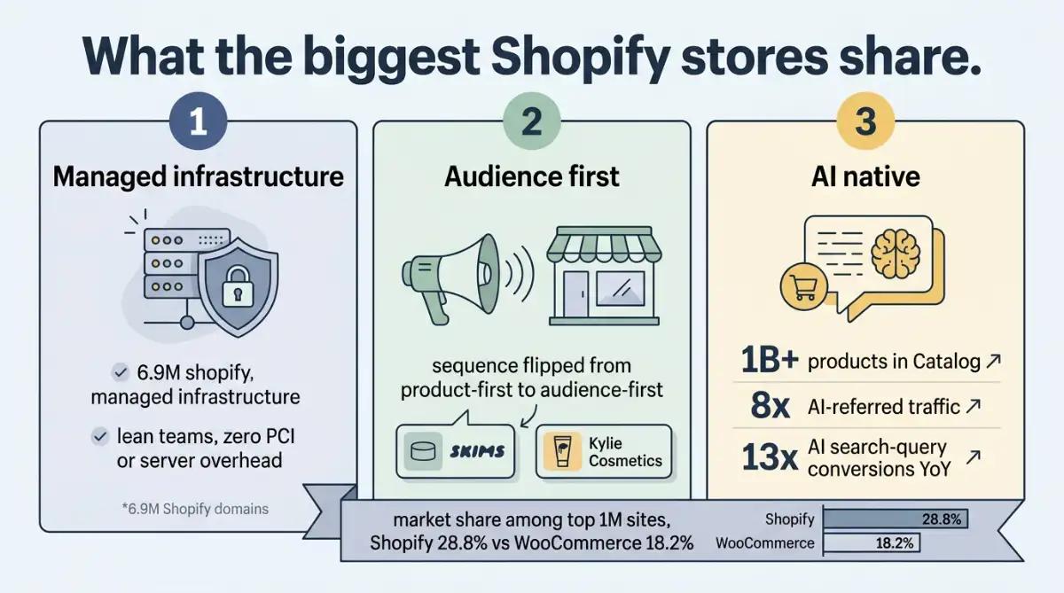 Three-panel infographic of shared traits and key stats of top Shopify stores.