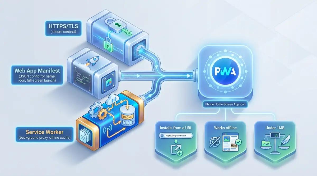 Isometric diagram of the three components that turn a website into a PWA