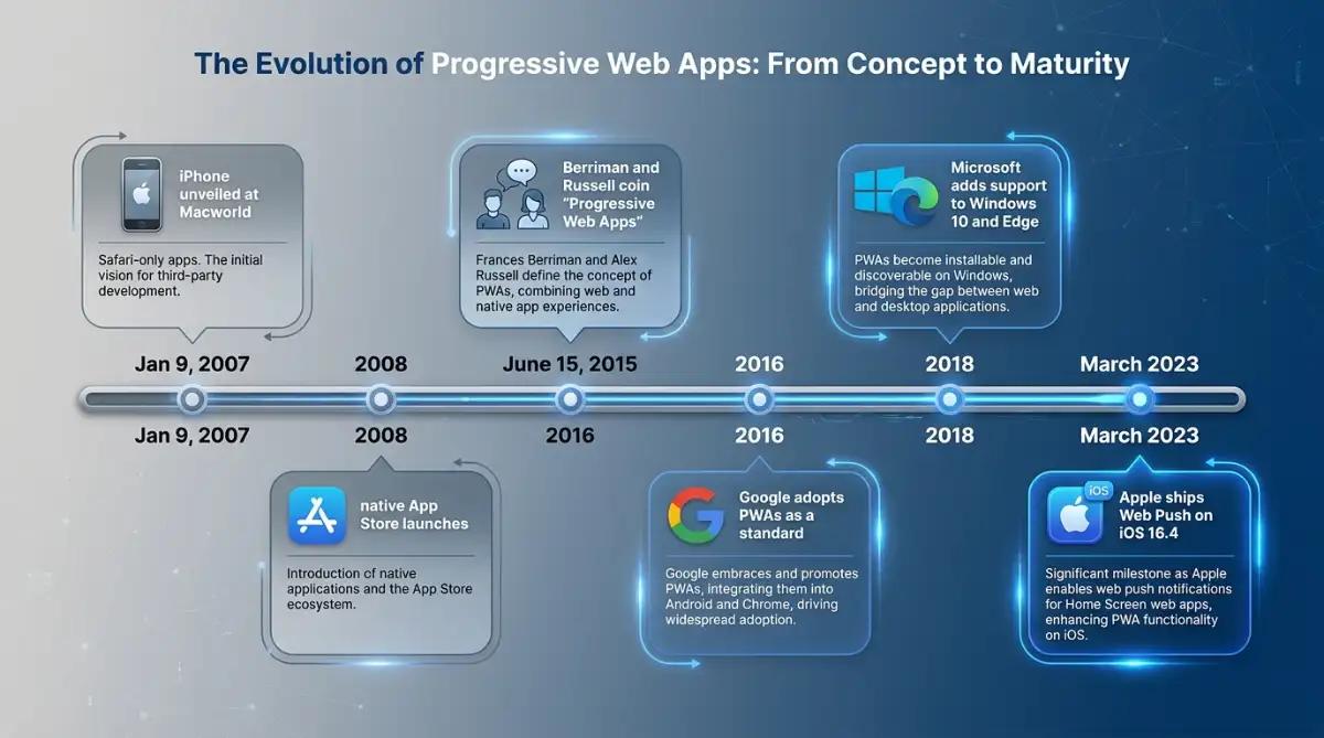 Timeline of Progressive Web App milestones from 2007 iPhone to 2023 iOS Web Push