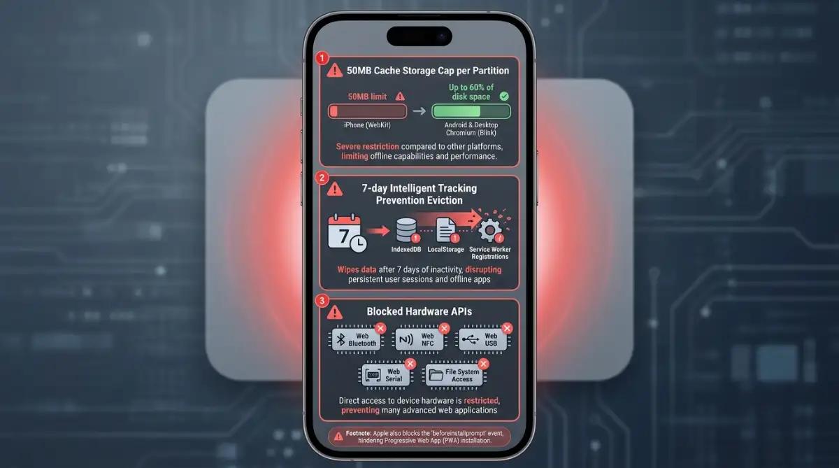 Infographic of the main PWA restrictions Apple enforces on iOS via WebKit