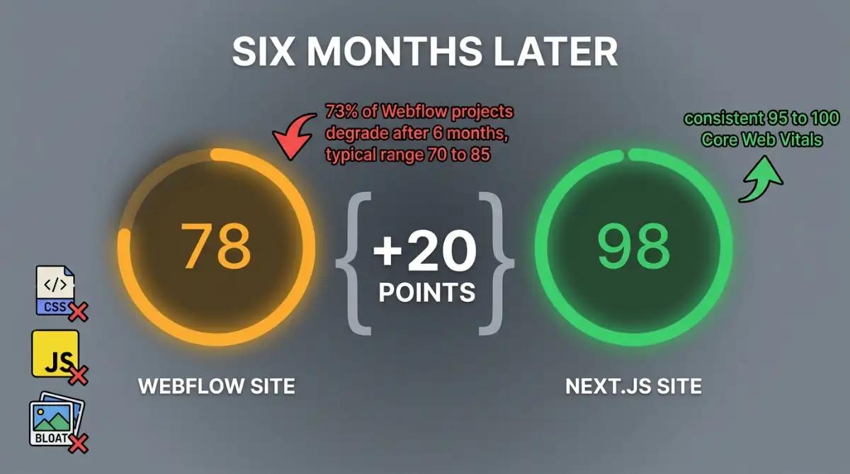 Lighthouse score comparison of a Webflow site at 78 versus Next.js at 98
