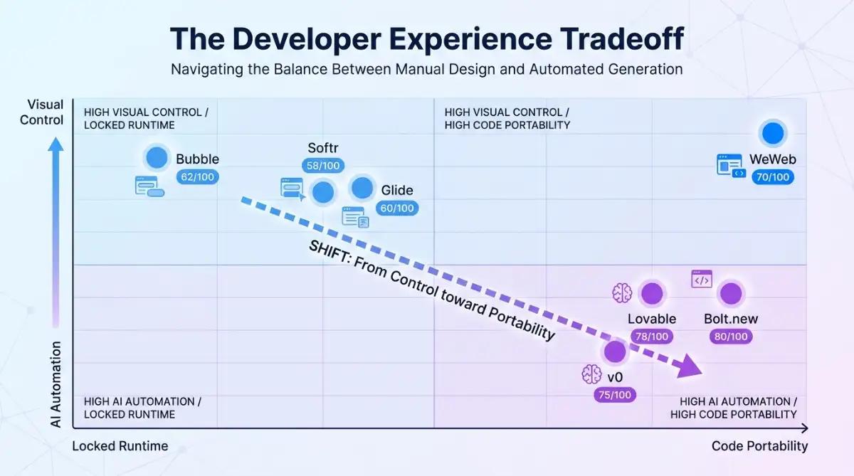 Quadrant chart mapping no-code and AI coding tools by control and portability
