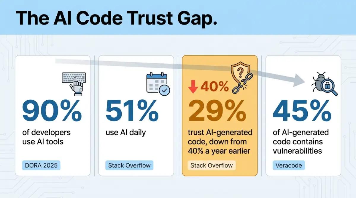 Stat infographic showing high AI adoption but low developer trust in AI-generated code