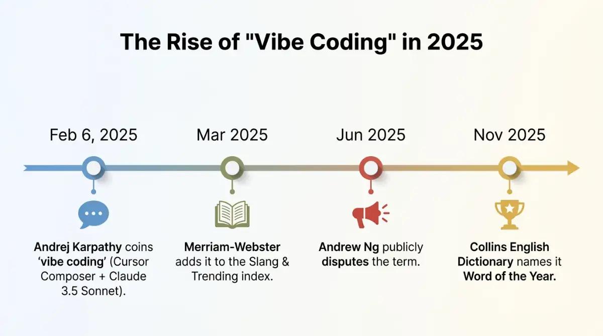 Timeline of vibe coding term from Karpathy's coinage to Word of the Year