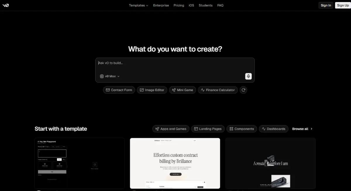 v0 by Vercel generative UI builder homepage hero section