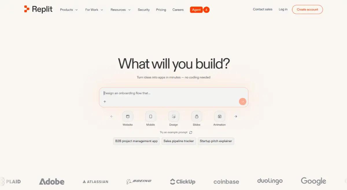 Replit AI app builder homepage hero section with Agent
