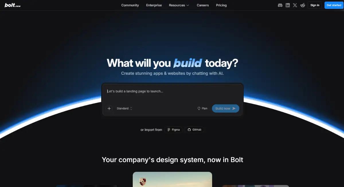 Bolt.new AI app builder homepage hero section