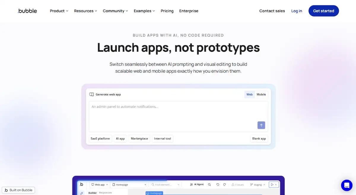 Bubble no-code web and mobile app builder hero section