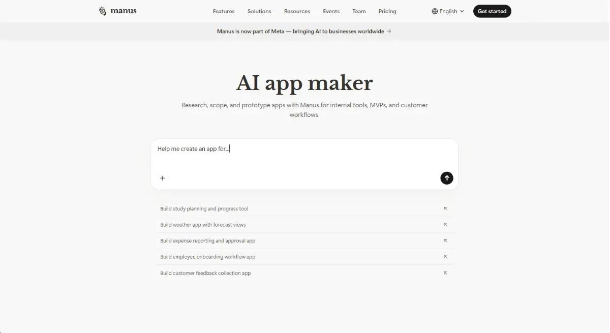 Manus AI conversational web app builder hero section
