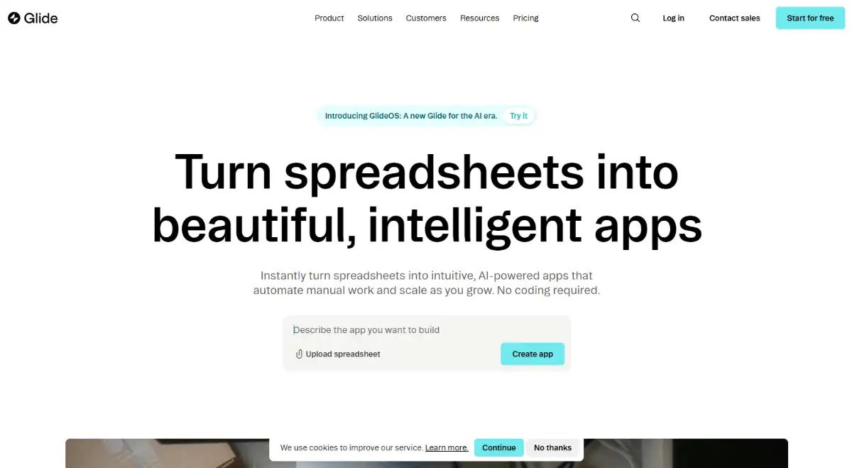 Glide no-code app builder homepage hero section