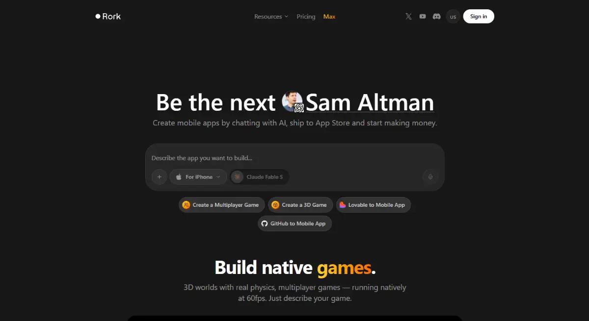 Rork AI mobile app builder homepage hero section