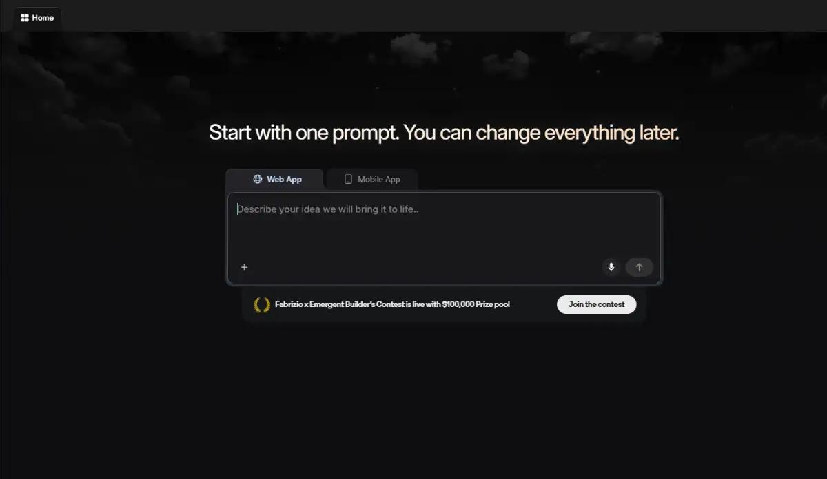 Emergent conversational AI app builder homepage hero section